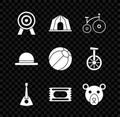 Set Target, Circus tent, Vintage bicycle, Balalaika, ticket, Bear head, Clown hat and Beach ball icon. Vector