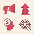 Set Target with dollar symbol, Megaphone and dollar, Growth chart and progress in people crowd and Business man planning
