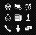 Set Target, Folder settings with gears, Alarm clock dollar symbol, Telephone handset, Cactus succulent pot, Envelope