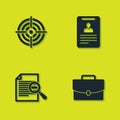 Set Target sport, Briefcase, Document with search and Identification badge icon. Vector