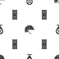 Set Target sport, Military helmet and Dynamite and timer clock on seamless pattern. Vector