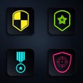 Set Target sport, Shield, Military reward medal and Police badge. Black square button. Vector