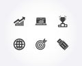 Target, Winner podium and Demand curve icons. Online statistics, Globe and Usb flash signs.