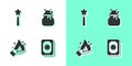 Set Tarot cards, Magic wand, Hand holding fire and Witch cauldron icon. Vector Royalty Free Stock Photo