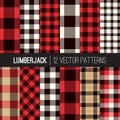 Lumberjack Plaid and Buffalo Check Seamless Vector Patterns in Red, Black, White and Tan.