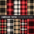 Lumberjack Tartan Plaid Vector Seamless Patterns in Red, Black, Tan and White. Royalty Free Stock Photo