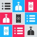 Set Task list, Student and Online play video icon. Vector