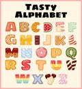 Set of tasty alphabet. Delicious, sweet, like donuts, glazed, chocolate, yummy, tasty, shaped alphabet font letters. Colorful