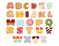 Set of tasty alphabet letters. Delicious, sweet, donuts, cookies, glazed, chocolate, yummy, tasty, shaped alphabet font typography