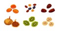 Set of tasty dried fruits on white background. Vector dried peach, raisin, date, fig, kiwi and banana in cartoon style Royalty Free Stock Photo