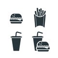 Set of tasty fast food, fries, drink and burger simple black icon on white