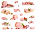 Set of tasty hams on background