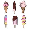 Set of tasty ice creams clipart. Sweet summer delicacy ice-cream and popsicles illustrations with different tastiest. Royalty Free Stock Photo