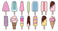 Set of tasty ice creams clipart. Sweet summer delicacy ice-cream and popsicles illustrations with different tastiest. Royalty Free Stock Photo