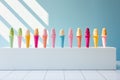 Set of tasty ice-creams in cups isolated on minimalist copy space background, colorful ice cream cones in a row, AI generated
