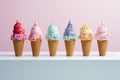 6 Wonderful ice-creams in waffle cones isolated on a minimalist background, AI Generate Royalty Free Stock Photo