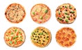 Set of tasty Italian pizzas on white background