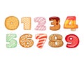 Set of tasty numbers symbols. Delicious, sweet, glazed, chocolate, yummy, tasty, shaped font numbers. Colorful vector typography