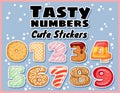 Set of tasty numbers symbols stickers. Delicious, sweet, glazed, chocolate, yummy, tasty, shaped font numbers. Colorful vector