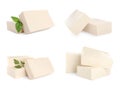 Set with tasty raw tofu on white background Royalty Free Stock Photo