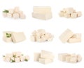 Set with tasty raw tofu on white background Royalty Free Stock Photo