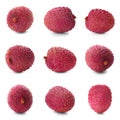 Set with tasty ripe lychee fruits on white Royalty Free Stock Photo