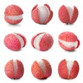 Set with tasty ripe lychee fruits on white Royalty Free Stock Photo