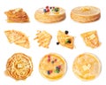 Set of tasty thin pancakes with different toppings on white