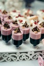 A set of tasty wedding chocolate and fruit desserts decorated with a piece of chocolate.