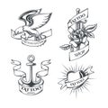 Set of tattoo emblems, labels, badges, logos. Isolated on white Royalty Free Stock Photo