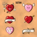 Set Tattoo Heards. Isolated tattoo hearts: Devil, angel, heart with arrow. Old School Royalty Free Stock Photo