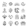 Set of tattoo in minimalism. Thin line shapes collection of yoga and nature symbols.