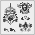 Set of tattoo salon labels, badges and design elements. Tattoo studio emblems with professional equipment.