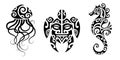 Set of tattoo sketch maori style. Turtle, seahorse, jellyfish.