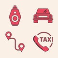 Set Taxi call telephone service, Car key with remote, Car and Route location icon. Vector Royalty Free Stock Photo