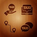 Set Taxi call telephone service, Hand on map pointer with taxi, Route location and Laptop call taxi service on wooden