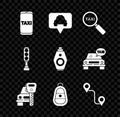 Set Taxi call telephone service, Map pointer with taxi, Magnifying glass and car, Car rental, key remote, Route location Royalty Free Stock Photo