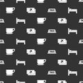 Set Taxi car roof, Bed, Coffee cup and Airline ticket on seamless pattern. Vector