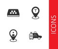 Set Taxi car, roof, client and Location taxi icon. Vector Royalty Free Stock Photo