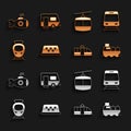 Set Taxi car roof, Train and railway, Oil tanker ship, Tram, Cable, Submarine and Rv Camping trailer icon. Vector