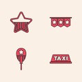 Set Taxi car roof, USA Independence day, Carnival garland with flags and Balloons icon. Vector