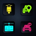 Set Taxi car, Scooter, Cable car and Map pointer with taxi. Black square button. Vector
