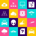 Set Taxi car, UFO flying spaceship and alien, abducts cow, Computer network, Cloud mail server and icon. Vector Royalty Free Stock Photo