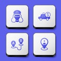 Set Taxi driver, Taximeter device, Route location and client icon. White square button. Vector