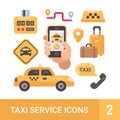 Set of taxi service flat icons. Car, luggage, taximeter, smartphone