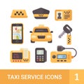 Set of taxi service flat icons. Car, taximeter, radio, mobile app Royalty Free Stock Photo