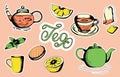 A set of tea accessories: cup, teapot, tea bag, tea tools, glass in flat style. Tea time vector symbols Royalty Free Stock Photo