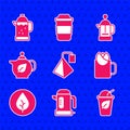 Set Tea bag, Electric kettle, Cup of tea with leaf, rose, Teapot, French press and icon. Vector