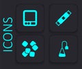 Set Tea bag, Electronic coffee scales, Sugar stick packets and cubes icon. Black square button. Vector Royalty Free Stock Photo