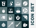 Set Tea bag with lemon, Croissant, leaf, Piece of cake, Mate tea, Ice and Kettle handle icon. Vector